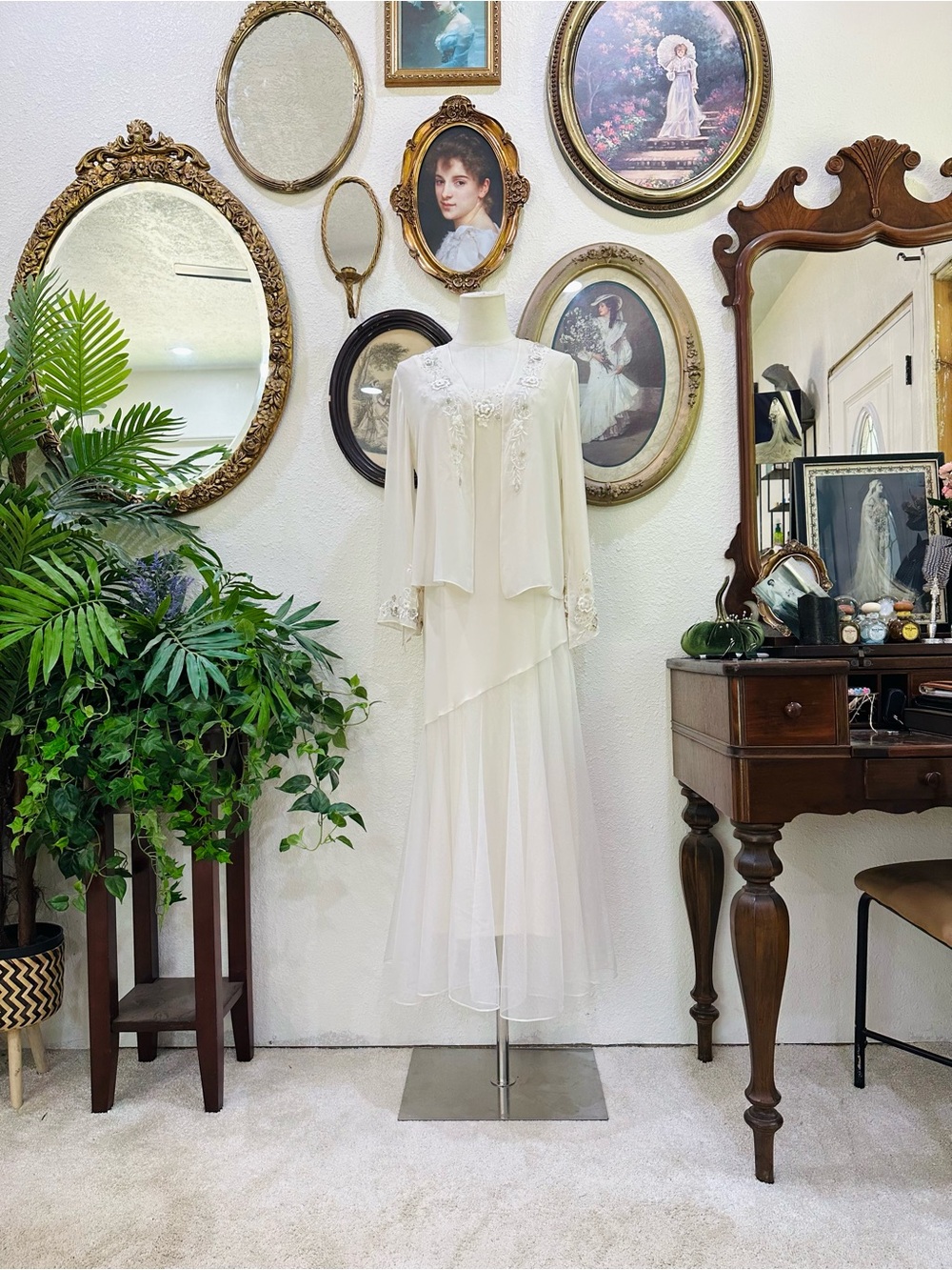 R&M Richards Ivory Two-Piece Chiffon Wedding Dress with Beaded Jacket